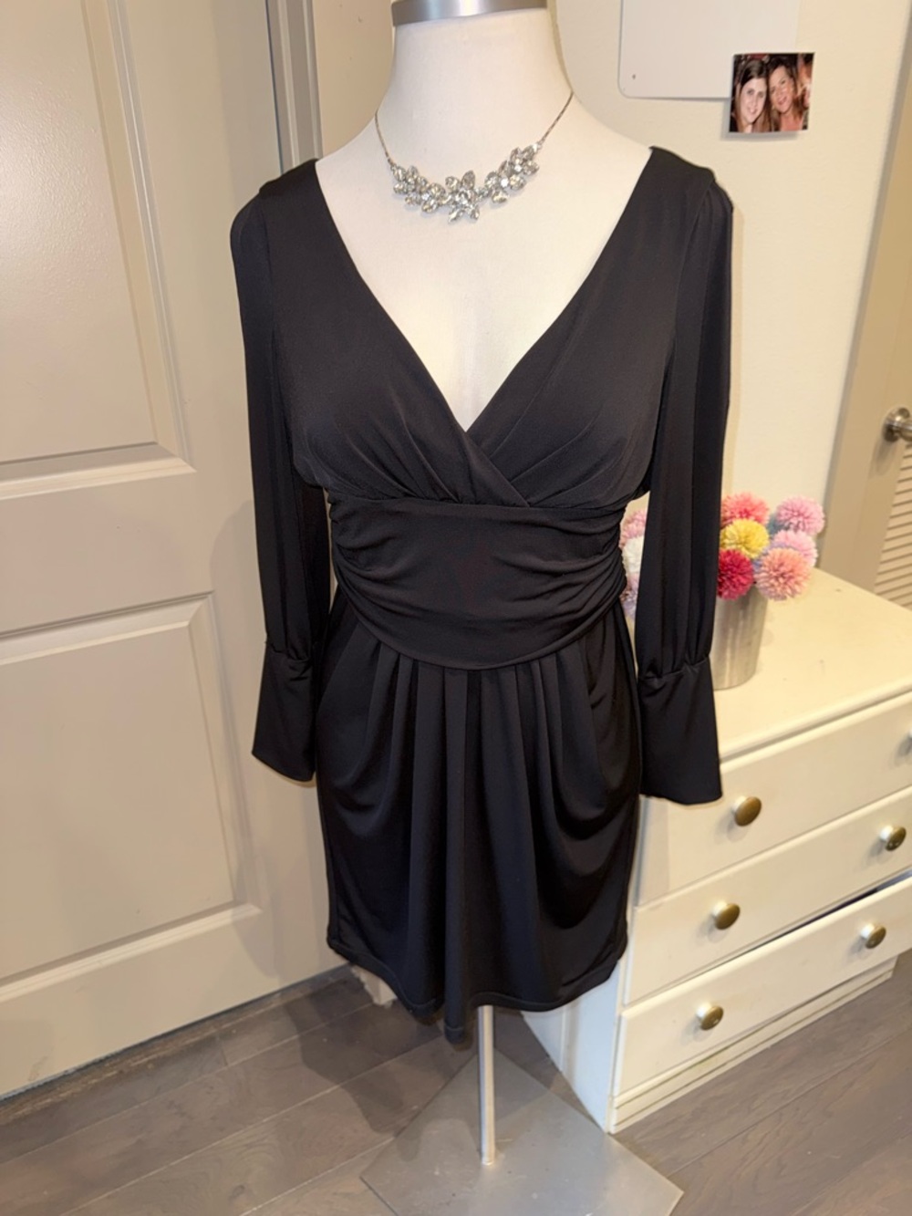 🖤 Maggy London Black Split  Sleeve Ruched Waist Dress size 16